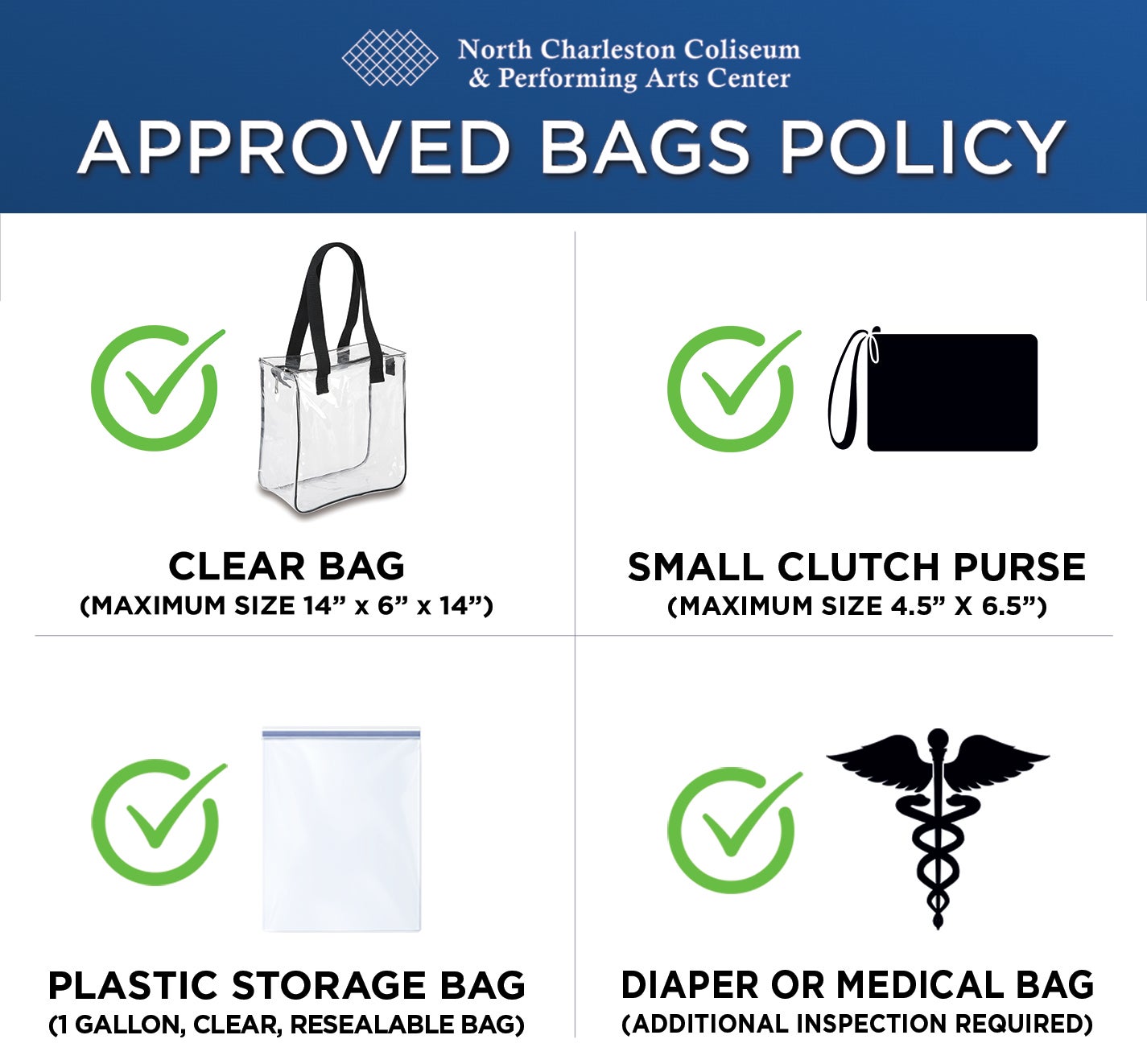 Freeman Coliseum Bag Policy: Security Check And Bag Size Limits Clear Bag Policy | North Charleston Coliseum & Performing Arts Center